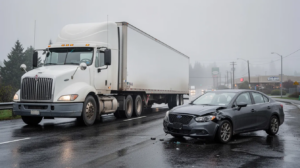The image depicts a serious truck accident scene in Everett, Washington, featuring a large commercial semi-truck with a plain white trailer positioned diagonally across a wet roadway after colliding with a smaller passenger sedan that shows significant front-end damage. The composition emphasizes the size difference between the massive truck and the damaged car, set against a backdrop of damp pavement, mist, and evergreen trees typical of the Pacific Northwest, reflecting the gravity of truck accident cases and the need for an experienced truck accident lawyer.