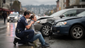 In a realistic Seattle car accident scene, a paramedic in a navy uniform assists an injured adult on the curb, applying a neck brace with care. The wet urban street reflects the muted skyline and light traffic, while a police vehicle with flashing lights is softly blurred in the background, highlighting the serious nature of the accident and the importance of legal representation for accident victims navigating insurance claims.