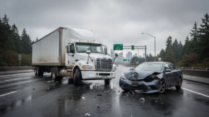 A serious truck accident scene on a Seattle highway shows a large commercial semi truck positioned diagonally across a wet road, with a standard passenger vehicle displaying front-end damage. The overcast sky and subtle Seattle elements like evergreen trees and highway signage create a realistic backdrop, emphasizing the importance of experienced Seattle truck accident attorneys in navigating such complex situations.