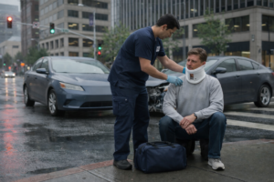 A realistic scene depicts a car accident in downtown Seattle on a rainy day, with two generic vehicles showing collision damage at a slick intersection. An injured adult sits on the curb wearing a cervical neck brace, while two paramedics in plain navy blue uniforms provide assistance, stabilizing the patient and checking their pulse, emphasizing the importance of seeking medical attention after a serious injury.