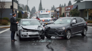 The image depicts a two-vehicle collision at an urban intersection in Everett, Washington, with a mid-size sedan and an SUV showing significant front-end damage and deployed airbags. A concerned driver speaks with an experienced personal injury lawyer, who is taking notes, highlighting the importance of legal representation following a car accident for pursuing compensation and addressing medical expenses.