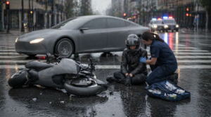 The image depicts the aftermath of a left-turn motorcycle accident at a busy Seattle intersection, featuring a generic motorcycle on its side with moderate damage and a mid-size sedan positioned diagonally. A paramedic in a plain navy uniform assists an injured rider seated on the wet pavement, while police vehicles are visible in the background, highlighting the serious nature of motorcycle accidents in urban settings.