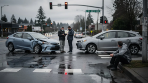 The image depicts a car accident scene in Everett, Washington, featuring two generic civilian vehicles in a collision at an intersection, with one showing front-end damage and the other side impact damage. Two plain-clothed responders are calmly assisting a driver, while another civilian is seated on the curb receiving help, all set against a backdrop of wet pavement and overcast skies typical of the Pacific Northwest.