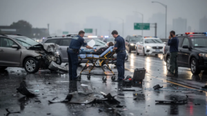 A multi-vehicle crash on Interstate 5 in Seattle is depicted, featuring several damaged cars on the wet, reflective pavement under an overcast sky. Paramedics in navy uniforms are treating an injured person on a stretcher, while a bystander is seen on the phone, likely calling for help, amidst a backdrop of light traffic and police vehicles in the distance, highlighting the serious nature of this car accident scene.