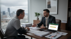 In a modern Seattle law office, a focused personal injury lawyer in business attire is seated at a desk, discussing case details with an injured client wearing casual clothing and an arm sling. The scene captures the lawyer gesturing toward organized documents, including medical records and a calculator, while an open laptop displays a spreadsheet related to the client's pain and suffering damages, set against a softly lit backdrop of the Seattle skyline.