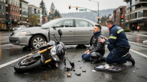 The image depicts a serious motorcycle accident scene in Seattle at a busy urban intersection, featuring a civilian sedan mid-left turn with front-side collision damage and a motorcycle lying on its side in the foreground amidst scattered debris. Two paramedics in navy blue EMS uniforms assist an injured motorcyclist sitting upright on the wet pavement, while blurred mid-rise buildings and traffic lights create a Seattle urban backdrop under overcast daylight.