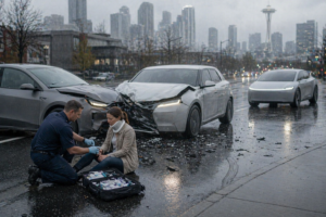 The image depicts a car accident scene in Seattle during light rain, featuring two generic mid-size vehicles with front-end damage positioned at angles indicating a recent collision. In the foreground, a paramedic in a plain navy uniform assists an injured adult wearing a neck brace, while a futuristic self-driving car is safely positioned in the mid-ground, all set against a blurred urban backdrop with wet reflective pavement.