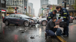 A realistic photo captures a car accident scene in downtown Seattle on a rainy day, featuring two damaged vehicles at an intersection with wet streets reflecting traffic lights. An injured adult sits on the curb receiving assistance from two paramedics, while city buildings loom in the background under an overcast sky, highlighting the serious nature of personal injury cases and the importance of seeking legal assistance from a personal injury attorney.