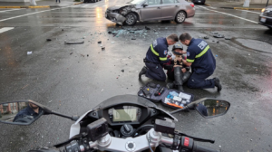 The image depicts a Seattle motorcycle accident scene from a first-person perspective, featuring a damaged sport motorcycle with a helmet cam mounted on the handlebars, actively capturing video evidence. In the background, paramedics in navy blue uniforms are providing medical care to an injured rider on the wet pavement, while a generic sedan with front-end damage is positioned nearby, creating a realistic and somber atmosphere of the incident.