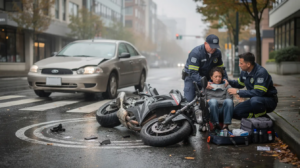The image depicts a Seattle motorcycle accident scene under overcast daylight, featuring a damaged sport motorcycle on wet asphalt, debris scattered around, and a neutral-colored sedan with front-end damage nearby. An injured rider is seated on the curb, receiving medical care from two paramedics in navy blue uniforms, while the urban Seattle environment subtly showcases trees and modern buildings in the background.