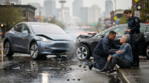 The image depicts a serious electric vehicle crash scene in Seattle, featuring two unbranded modern vehicles, one an electric SUV with front-end damage and the other a dark sedan nearby. An injured adult sits calmly near the curb, being assisted by paramedics in plain uniforms, with a hint of light smoke near the damaged electric vehicle, reflecting the high stakes of liability in 2026 electric vehicle crashes.