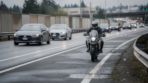 A motorcycle cautiously rides along the right shoulder of a Seattle-area freeway in Kent, Washington, amidst slow-moving traffic on a damp, overcast day. The scene captures the motorcycle positioned safely within the shoulder, surrounded by generic civilian cars, with visible road markings and subtle debris, emphasizing the importance of shoulder riding in traffic conditions.