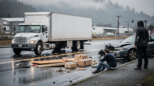 The image depicts a serious truck accident scene on a wet roadway in Everett, Washington, characterized by an overcast sky and rain-slick pavement. A large commercial truck is angled on the road, having lost its unsecured cargo, while debris such as wooden boards and cardboard boxes is scattered nearby; a civilian car shows front-end damage, and an injured adult civilian sits on the curb, conveying the gravity of truck accidents and the importance of legal representation for victims.