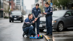 The image depicts a realistic scene of a minor car accident in Seattle, featuring two generic vehicles—a gray sedan and a dark SUV—parked on a wet urban roadway under an overcast sky. An adult driver sits on the curb looking shaken, while two paramedics in navy uniforms conduct a basic medical assessment beside an open medical kit, highlighting the impact of DUI laws in Washington state.