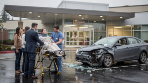 The image depicts a serious scene outside a modern hospital emergency entrance in Everett, Washington, with overcast skies and light rain creating a reflective wet pavement. In the foreground, an injured adult, wearing everyday clothing and a neck brace, is being assisted on a stretcher by two generic emergency responders, while concerned family members look on with worried expressions; a damaged, unbranded vehicle is visible in the background, hinting at the recent car crash and emphasizing the urgency of medical care in the first 24 hours following the incident.