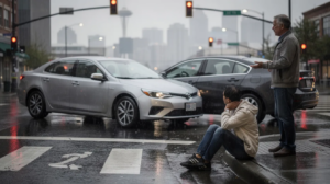 The image depicts a rainy Seattle urban intersection where two generic sedans have come to a stop after a low-speed rear-end car accident, showcasing realistic minor-to-moderate bumper damage. In the foreground, an injured adult is seated on the curb holding their neck, while a concerned driver stands nearby, with the overcast sky and blurred downtown skyline, including the Space Needle, creating a somber backdrop to this scene of potential personal injury claims.