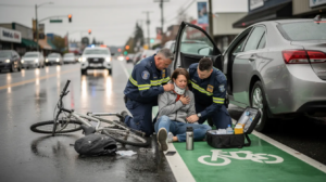 The image depicts a serious bicycle dooring accident on Seattle's Aurora Avenue, featuring an open driver-side door of a parked sedan intruding into a marked bike lane. An injured cyclist, dressed in casual clothing, is seated on the wet pavement holding their shoulder, while two paramedics provide emergency medical treatment from a trauma kit, illustrating the urgency of addressing bicycle accident injuries caused by driver negligence.