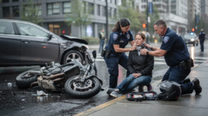 The image depicts a Seattle motorcycle accident scene at a wet urban intersection, featuring a damaged sport motorcycle on rain-slick asphalt and a generic sedan with front-end damage. An injured rider, wearing casual clothing and a helmet, is seated on the curb while two paramedics in navy uniforms provide medical care, highlighting the serious nature of motorcycle accidents and the need for experienced motorcycle accident lawyers to assist victims in recovering compensation for their injuries.