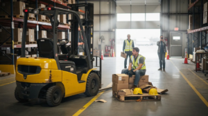 The image depicts a serious yet non-graphic scene of a forklift accident in a large Everett warehouse, featuring a generic yellow forklift near a damaged pallet and scattered boxes. An injured adult worker, dressed in high-visibility gear and seated safely nearby, appears shaken but conscious, while a supervisor and another worker document the incident from a distance, capturing the calm and professional atmosphere suitable for a personal injury law firm blog.