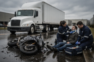 A realistic scene depicting a truck versus motorcycle accident on a wet industrial roadway in Kent Valley, featuring a damaged sport motorcycle in the foreground and an injured rider receiving medical care from two paramedics in navy blue uniforms. The large semi truck is angled in the background, while the cloudy sky and reflections on the pavement enhance the somber atmosphere of this serious motorcycle accident, highlighting the importance of prompt legal action for victims seeking fair compensation for their injuries.