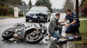 The image depicts a motorcycle accident scene in Kent, Washington, featuring a damaged sport motorcycle on its side on a wet suburban road, with an injured adult rider in casual clothing receiving medical attention from two paramedics in navy blue uniforms. The setting includes a blurred residential background, emphasizing the importance of seeking medical attention and understanding the legal options available for personal injury claims related to motorcycle accidents.