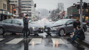 The image depicts a rainy intersection in Everett, Washington, where two generic sedans have collided near a crosswalk, with a concerned bystander speaking to an injured adult seated on the curb. A professional investigator is reviewing speed and timestamp data on a tablet, while a traffic safety speed camera is visible on a pole, emphasizing the legal implications of this car accident and the potential for personal injury claims.