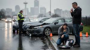 The image depicts a rainy Seattle roadside car accident investigation, featuring two unbranded sedans stopped near the shoulder after a serious collision. A police officer documents the scene while a driver uses a saliva testing device, and an injured adult sits on the curb, highlighting the aftermath of a car accident and the importance of seeking legal representation for personal injury claims.
