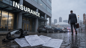 Damaged vehicles, accident reports, insurance claim forms, and medical bills at the scene of a rainy multi-car collision in Tacoma, Washington
