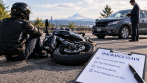 Injured motorcyclist sitting beside a crashed bike near a car and insurance adjuster with a clipboard reading "Insurance Claim," illustrating bias in a Kent, WA motorcycle accident claim