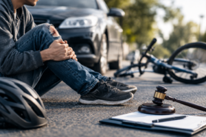 Injured accident victim sitting on the road beside a damaged bicycle and car, with a judge's gavel and legal claim documents in the foreground