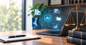AI tools for personal injury law firms: a law office desk with medical records, case files, and a calendar connected to AI, next to scales of justice.