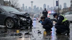 Seattle car accident scene with emergency responders investigating a damaged vehicle on a rainy street