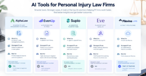 Quick comparison chart of five AI tools for personal injury law firms, AlphaLaw, EvenUp, Supio, Eve, and Filevine LOIS, showing what each tool is, its main PI focus, who it's best for, and whether it replaces a firm's case management system.