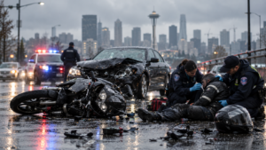 Paramedics and police tending to an injured motorcyclist on a wet Seattle