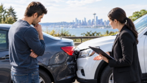 Two drivers assessing vehicle damage after a minor car accident, with an insurance adjuster reviewing the claim on a clipboard.